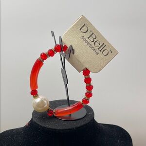 2.6.26-13 D’Bello Stretchy Red, Goldtone Faux Pearl + Rhinestone Rondel Bracelet